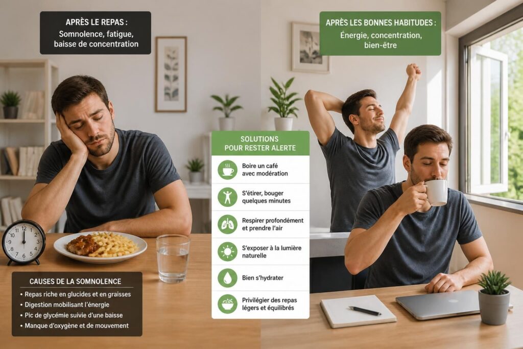 découvrez les causes de la somnolence après le repas et des solutions efficaces pour rester alerte durant la sieste post prandiale.